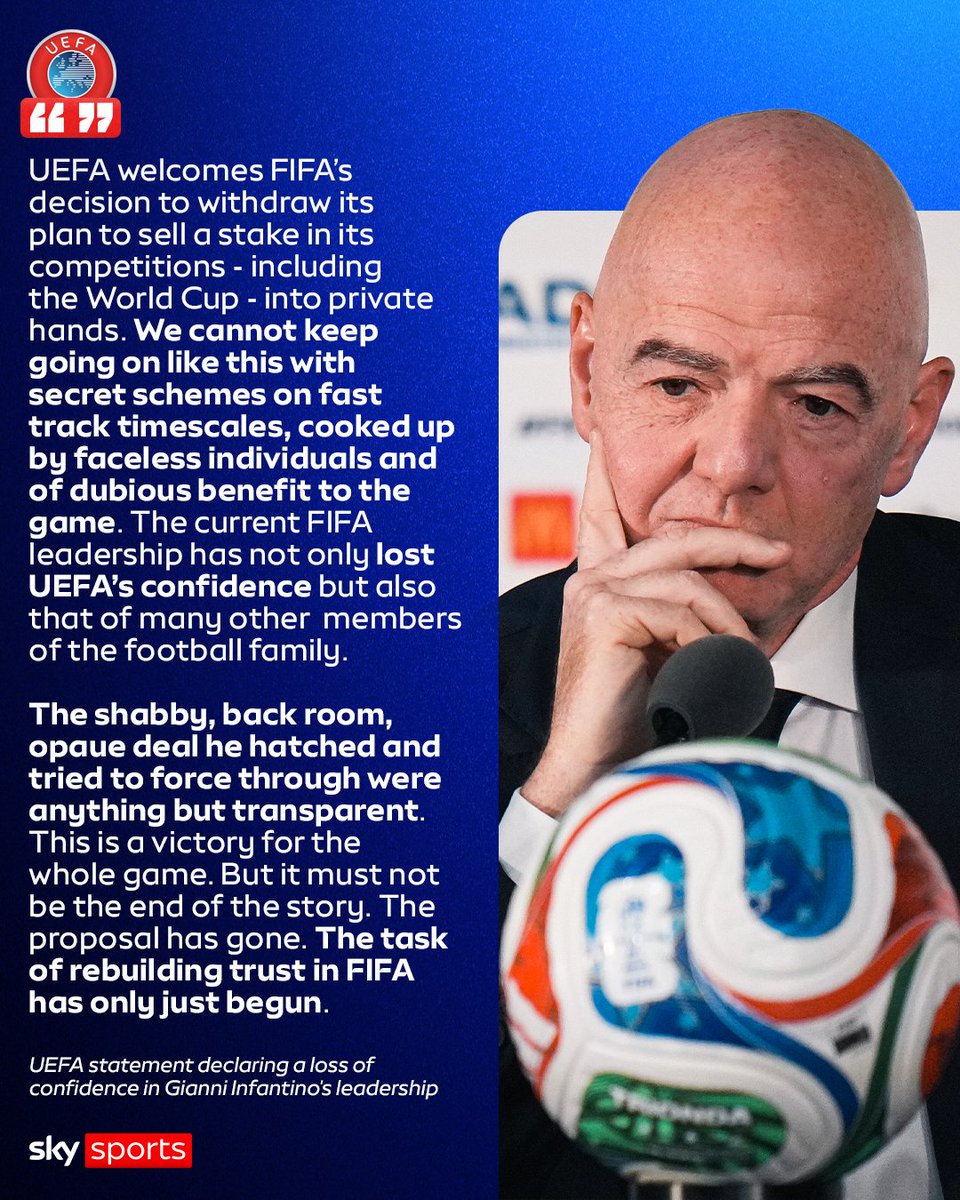 SkyFootball's tweet photo. UEFA has declared a 'loss of confidence' in Gianni Infantino's leadership 🚨 https://t.co/yLNuJJGwlE