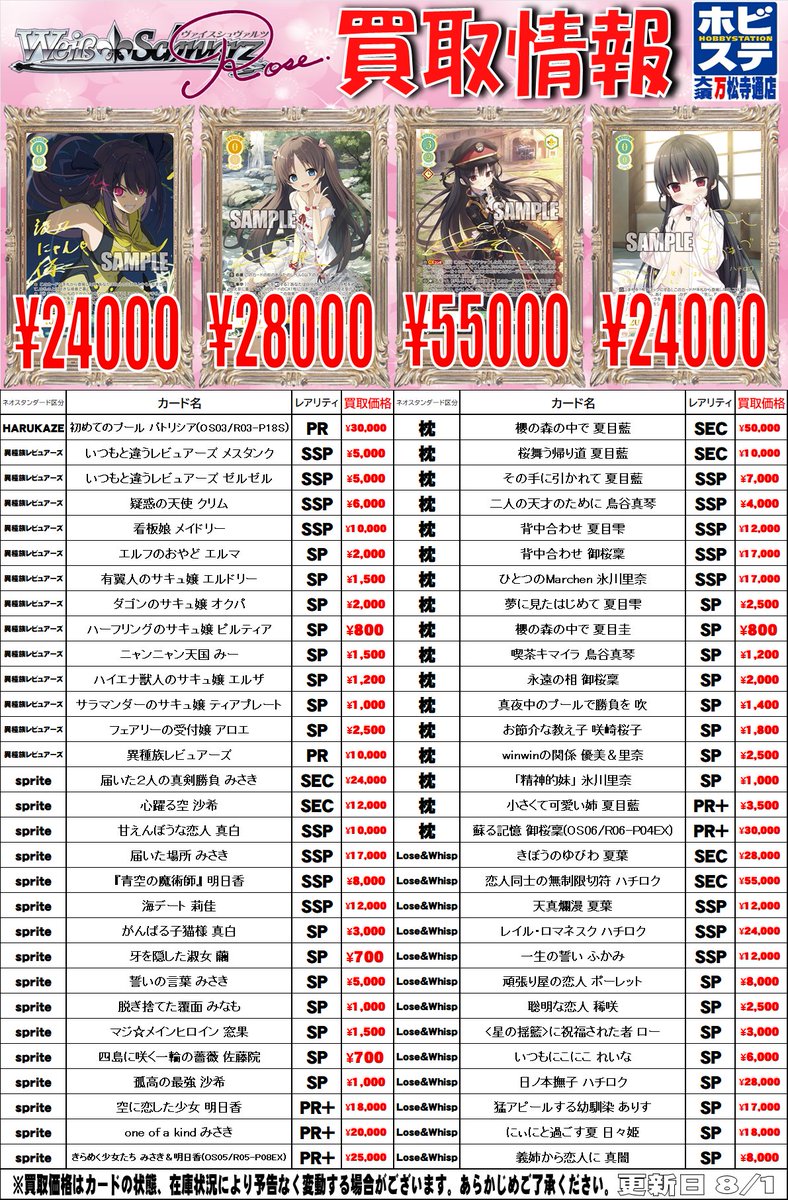 HBST_bansyoji's tweet photo. 【ヴァイスシュヴァルツロゼ買取情報】
タイトル毎のサインカードの買取価格をガッツリ更新しました!
PRサインなども大歓迎です👍
本日は閉店してしまったので明日以降ぜひお持ち込みくださいませ!!
#WSR https://t.co/dl6rRzfQ1Y