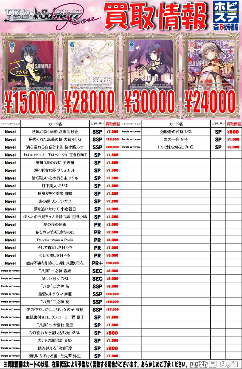HBST_bansyoji's tweet photo. 【ヴァイスシュヴァルツロゼ買取情報】
タイトル毎のサインカードの買取価格をガッツリ更新しました!
PRサインなども大歓迎です👍
本日は閉店してしまったので明日以降ぜひお持ち込みくださいませ!!
#WSR https://t.co/dl6rRzfQ1Y