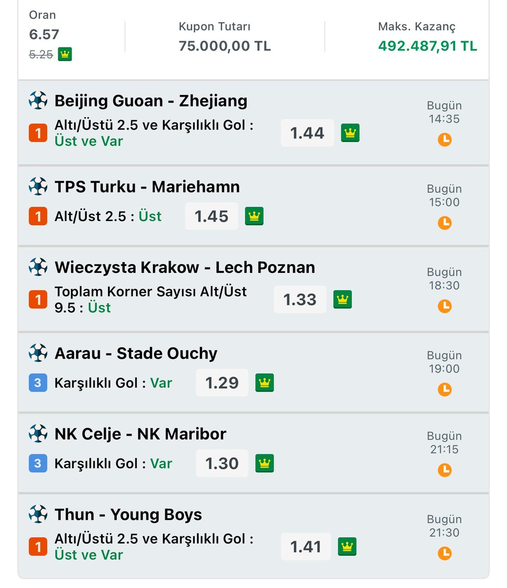 Flashhanaliz's tweet photo. Bu kupon kazanırsa sağdaki makinayı alıp marmarise kayıyoruz yavaşdan :)

Beijing Guoan - Zhejang           2.5 üst Ve Kg var
Tps Turku - Mariehamn.           2.5 üst
Wieczysta karakow - Lech poznan    9.5 Üst korner
Aarau - Stade Ouchy                 Kg var
Nk cejle - Maribor                       Kg var
Thun - Young boys                     2.5 üst ve Kg var
