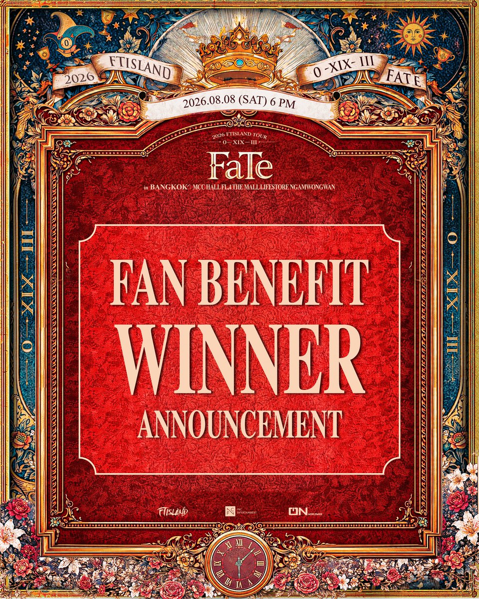 ONworldwideTH's tweet photo. [📢] ประกาศผลเลขที่นั่งผู้ที่ได้รับสิทธิพิเศษของงาน 2026 FTISLAND TOUR 0 — XIX — III ‘FaTe’ in BANGKOK

สามารถตรวจสอบสิทธิ์เลขที่นั่งของท่านได้ที่ลิงก์นี้ > https://t.co/xLreeWCT3X

หมายเหตุ: โปรดนำบัตรคอนเสิร์ตพร้อมบัตรประชาชนหรือพาสปอร์ตตัวจริงมาเพื่อลงทะเบียนรับสิทธิ์ ตามเวลาและสถานที่ที่กำหนด โดยรายละเอียดและกำหนดการจะประกาศให้ทราบอีกครั้ง 

[📢] Announcement: Fan Benefit Winners Announcement of 2026 FTISLAND TOUR — XIX — III ‘FaTe’ in BANGKOK.

You can verify your seat eligibility for fan benefits at the link below > https://t.co/xLreeWCT3X

Please note: To redeem your benefit, you must present your original concert ticket along with your original ID card or passport at the benefit redemption desk during the designated date, time, and location. Further details regarding the benefit redemption process will be announced soon.

💛 08.08.2026 (SAT) l 6PM
💛 MCC HALL FL,4 THE MALL LIFESTORE NGAMWONGWAN
💛 Ticket Prices: 3,500 / 4,500 / 6,500 THB
💛 Tickets Available at :  https://t.co/7bTSnx05W4    

#FTISLAND #FT아일랜드 #FaTeinBANGKOK
#프리마돈나 #PRIMADONNA
#오엔기획 #ONworldwideThailand