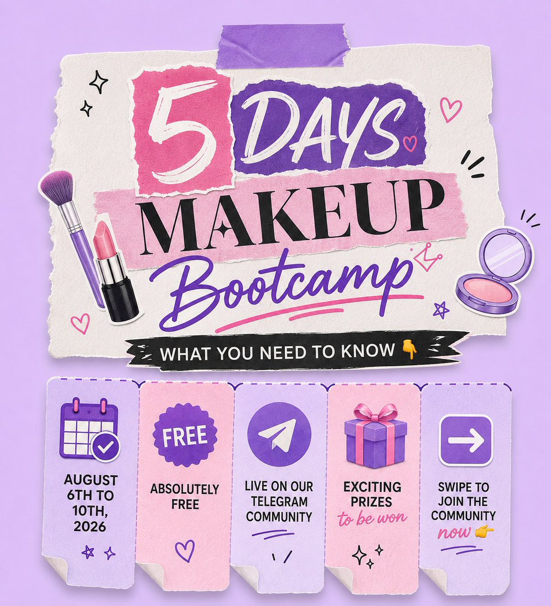 TachaBeautyHQ's tweet photo. 5 DAYS UNTIL WE GO LIVE!!🚀

Imagine missing out on:
💜 5 days of free learning
💜 A supportive beauty community
💜 Exciting giveaways

Swipe to join the community!!

Who’s joining us? Comment “see you in class”👇
-
#tachabeautyhq #tachabeautyinsiders 
#makeupbootcamp https://t.co/9f665yRx12