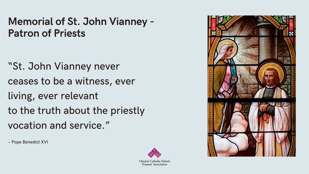 CatholicEdu's tweet photo. Memorial of St. John Vianney - Patron of Priests:

“St. John Vianney never ceases to be a witness, ever living, ever relevant
to the truth about the priestly vocation and service.”

~ Pope Benedict XVI

#onted #catholiceducation https://t.co/iKTQ6W7aqJ