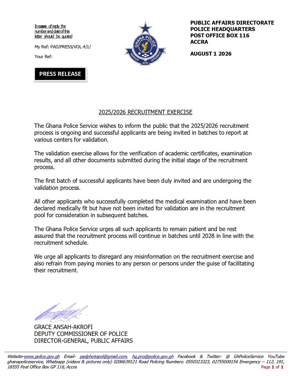 GhPoliceService's tweet photo. PRESS RELEASE:

2025/2026 RECRUITMENT EXERCISE https://t.co/NeGtJT5QBY