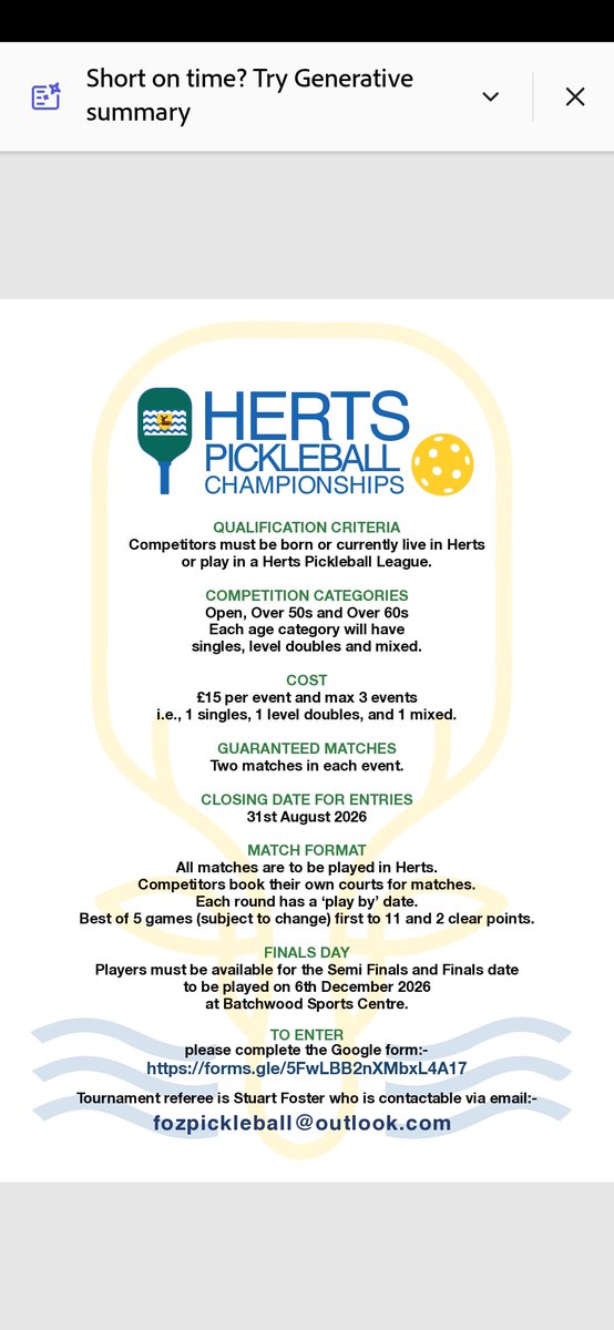 StuFoz's tweet photo. It's back for a second year, the Herts Pickleball Championship for 2026, please complete the Google form and pay the relevent entrance fee(s) as required. Good luck everyone and closing date 31 August. Many thanks 

Cheers Stu 🥂🍾🍺💪👌👍🤘😎

https://t.co/iIsfqNufwe https://t.co/ZQrqh72PhL