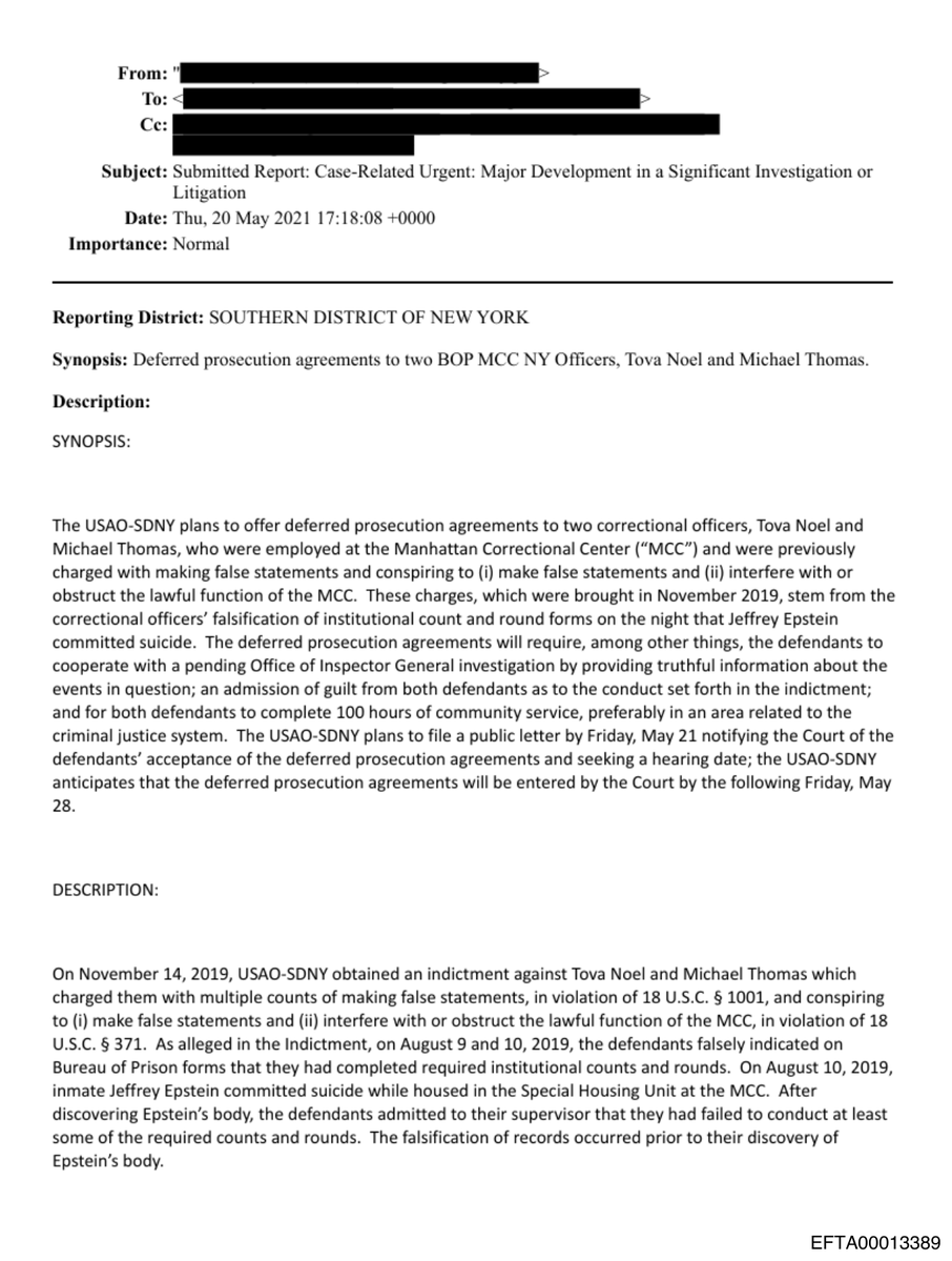 epsteinsearchin's tweet photo. Two federal guards falsified Bureau of Prisons count and round forms the night Jeffrey Epstein died in their unit.

SDNY indicted Tova Noel and Michael Thomas for false statements, then offered deferred prosecution.

Terms: admit guilt, 100 hours of community service. https://t.co/1Y2uq8KZCv
