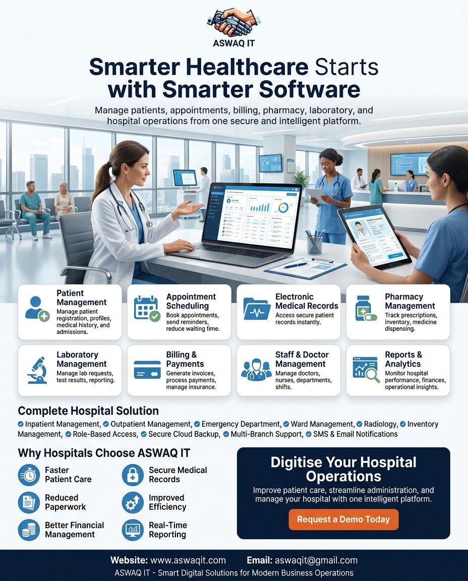 aswaqit's tweet photo. Managing a hospital is about more than treating patients. It is about delivering faster care, protecting medical records, and keeping every department connected.
https://t.co/QLq7EC2oTY
aswaqit@gmail.com
#ASWAQIT
#HospitalManagementSystem #HealthTech #DigitalHealthcare https://t.co/unL32IJN3l
