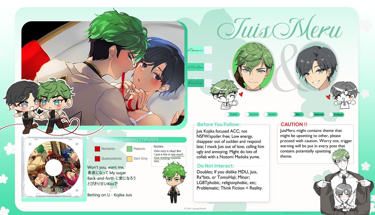 MyDeerTorte_'s tweet photo. #yumeintro

[Reshare are appreciated]

Hello! I'm looking for new mutual! I'm accepting all fandom, (especially enstars yume and MDU yume💚). Hmu with anything!

Here's my carrd: https://t.co/az4foIl8HS

Have a nice day💚 https://t.co/bLG9o6s2VK