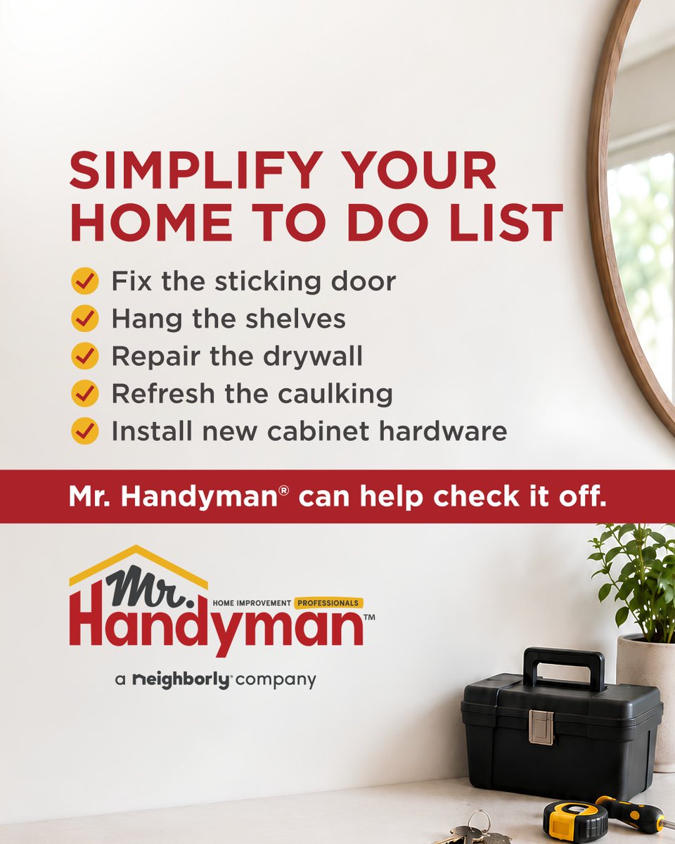 MrHandyman's tweet photo. For National Simplify Your Life Day, Mr. Handyman® can help take those lingering repairs and updates off your plate. Which task would you love to stop thinking about first? 🛠️

#MrHandyman #Neighborly https://t.co/KecXr2qVMS