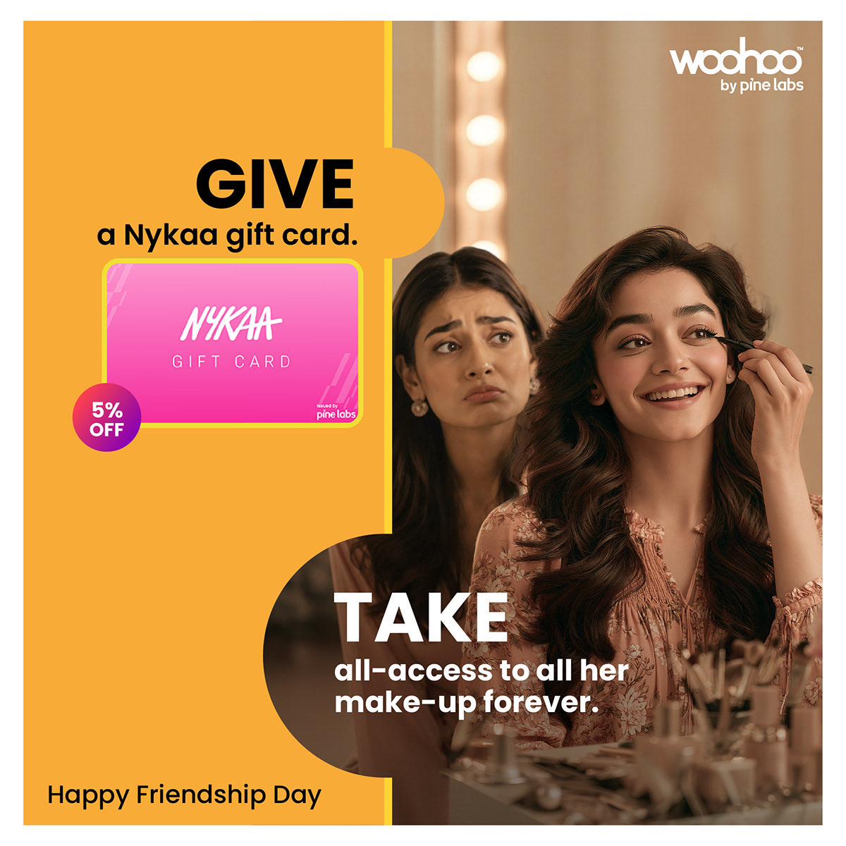 woohoogifting's tweet photo. Gift a Nykaa Gift Card. Take all-access to all her make-up forever. That’s the friendship deal, and she’s not asking permission. 💄 5% off this Friendship Day, only on Woohoo.
#HappyFriendshipDay #Woohoo #PineLabs #Nykaa #GiftCards #MakeupGoals #FriendshipDay2026 https://t.co/1va3CnkG3d