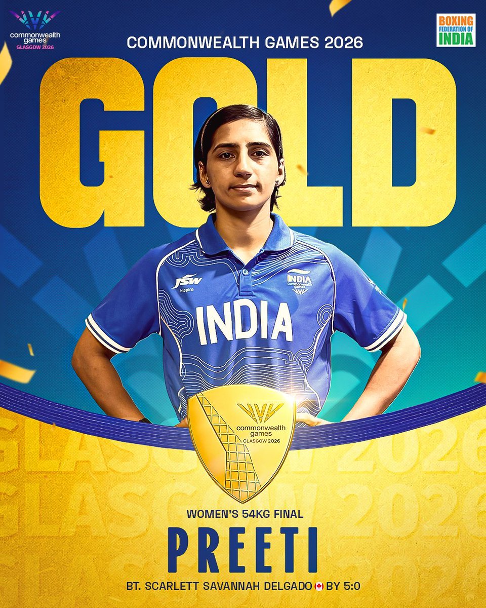 SSB_INDIA's tweet photo. 🥇 GOLD FOR INDIA! 🇮🇳

Indian women boxers shine at the Commonwealth Games Glasgow 2026! 🥊✨

🥇 Preeti clinched Gold in the Women's 54 kg category with a commanding 5:0 victory over Canada's Scarlett Savannah Delgado.

🥇 Jaismine secured Gold in the Women's 57 kg Final with a dominant 5:0 victory over 4-time Commonwealth Games medallist Michaela Walsh.

A proud moment for Indian boxing under the guidance of Head Constable (Female) K. Mandakini Chanu of Sashastra Seema Bal (#SSB), Coach of the #Indian Women's Boxing Team.

#DGSSB congratulates Head Constable (Female) K. Mandakini Chanu and the Gold Medal winners, and wishes the remaining Indian women boxers the very best for their Gold Medal bouts.

Go for Gold, Team India! 🇮🇳🥊

#CWG2026 #Glasgow2026 #TeamIndia #IndianBoxing
#Cheer4Bharat 
#CommonwealthGames
#JaiHind #SashastraSeemaBal 

@PMOIndia @HMOIndia 
@PIBHomeAffairs @PIB_India 
@YASMinistry @Media_SAI 
@BFI_official