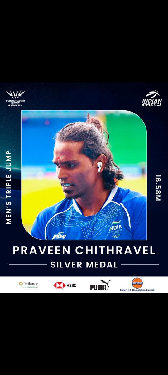 opinions212's tweet photo. Silver for Praveen! 🥈

Praveen Chithravel bags Silver in Men’s Triple Jump at #CWG2026! 🔥

#IndianAthletics #TeamIndia #AFI https://t.co/AfTnZuuhFU