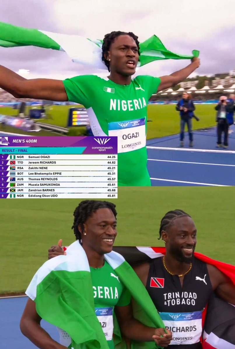 TrackGazette's tweet photo. GOLD for Samuel Ogazi 🇳🇬 in the men's 400m at the Commonwealth Games in Glasgow!🥇

He pulled away from Jereem Richards 🇹🇹 over the final 100m to win in 44.25s, just 0.01s off the Games Record set by Kirani James.

He becomes Nigeria's first man to win the title ahead of Richards who was 2nd in 44.82s, while Zakithi Nene 🇿🇦 took Bronze in 45.21s.