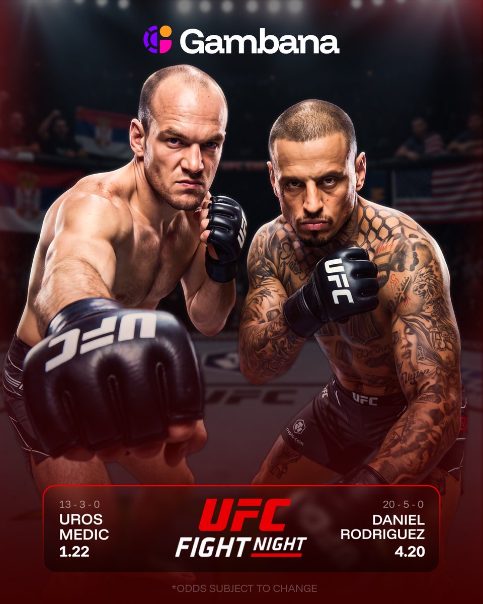 gambana's tweet photo. 🚨🥊 IT’S FIGHT NIGHT! 🔥

Uroš Medic 🆚 Rodriguez is LIVE tonight… and we’ve got a challenge for you! 👀

🎯 PREDICT UROŠ MEDIC’S TOTAL SIGNIFICANT STRIKES!

Think you can nail the exact number? 🤔

🏆 The FIRST 3 people to guess correctly will each WIN a $25 FREE BET! 💸

How to enter:
❤️ Like this post
✅ Follow our page
💬 Comment your prediction + your Gambana username

⏰ Make sure your entry is in before the opening bell!

📺 Watch every punch LIVE on Gambana! 🥊🔥