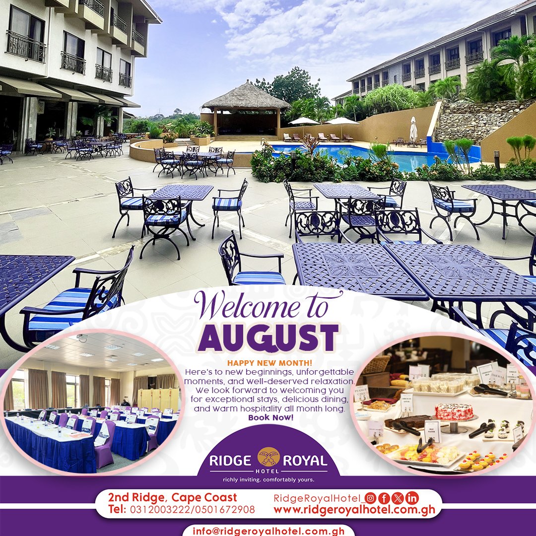 RidgeRoyal_'s tweet photo. HAPPY NEW MONTH!
Here's to new beginnings, unforgettable moments, and well-deserved relaxation and warm hospitality all month
Book Now!
#RidgeRoyalHotel, richly inviting, comfortably yours #happynewmonth #welcometoAugust #RidgeRoyalHotelCC #CapeCoastVibe #GhanaTravel #HotelLife https://t.co/FaIa0JDViR