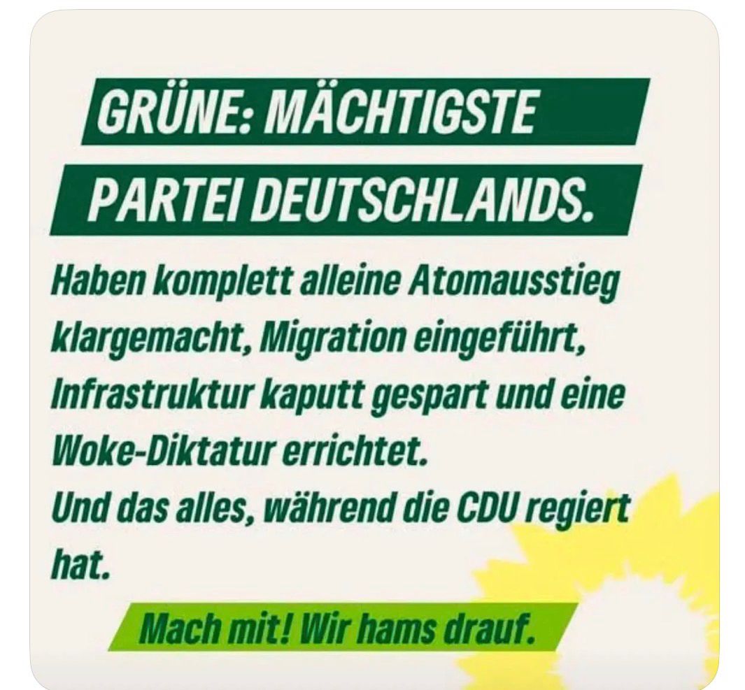stay_wokeness's tweet photo. Die Grünen sind die mächtigste Partei in Deutschland.
Alle Fehler der letzten Jahre wurden von den Grünen begangen.
Wacht auf, ihr Schlafschafe! https://t.co/eJmh3Gaj9C