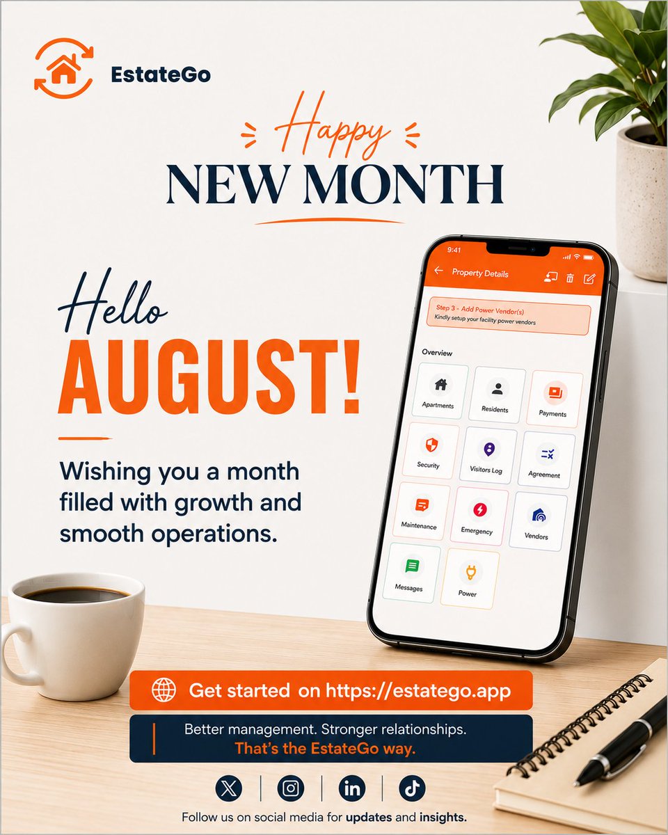 EstateGoNg's tweet photo. ✨ Hello, August! ✨

New month, new opportunities, fresh goals, and another chance to do things better

Wishing landlords, property managers, property owners, and tenants a month filled with:
🏡 Happy tenants
📈 Sustainable growth
⚡ Smoother operations
🤝 Stronger relationships https://t.co/UdauLTTwHA