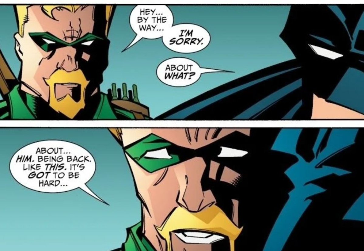 PUNKT4T's tweet photo. @R0SEBAT OMG DON'T GET ME STARTED ON THAT. i keep coming back to this panel where oliver tries to confort bruce and all I could think was: yes, the red hood is a tragedy. but it's jason's tragedy. like he's the biggest victim here and yet everyone else makes it about bruce https://t.co/IkwUr8riiO
