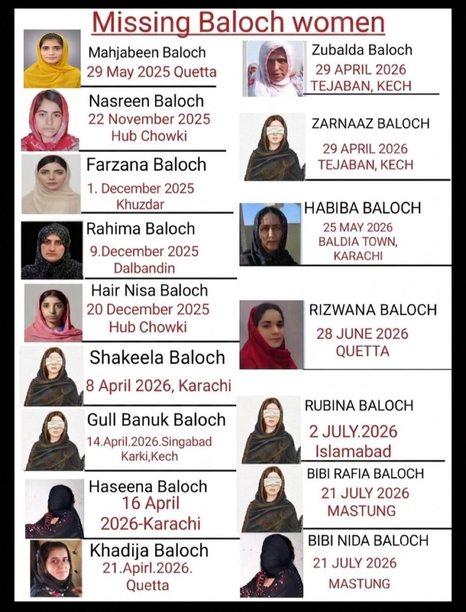 zehrijournalist's tweet photo. Missing Baloch women
Majabeen 1 Year 63 days
Nasreen 253 days
HairNesa 224 days
Shakeela 113 days
Gull Banuk 108 days
Haseena 106 days
Khadija101 days
Zubalda 93 days
Zarnaaz 93 days
Habiba 68 days
Rizwana 34 days
Rubina 30 days
Bibi Rafia 11days
Bibi Nida 11days
#SaveBalochWomen https://t.co/BFHtLYf8pm