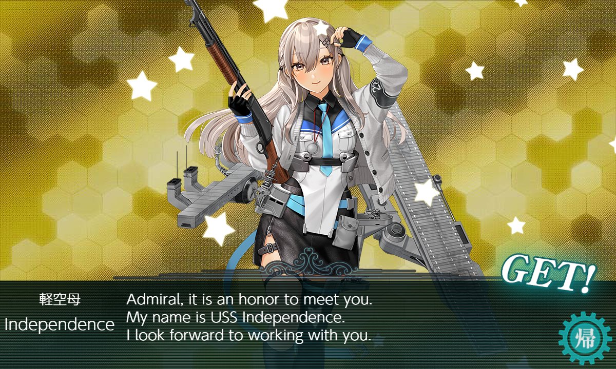 uoryuu's tweet photo. 艦これ
夏イベＥ３－４甲クリア！
XF5U や 61cm四連装(酸素)魚雷五型改三 などを貰い
新たに加わった軽空母の Independence
可愛い♪（何言ってるのか解らんｗ）

３度目の挑戦でした
反抗だったが上手くかみ合いＳ勝利！

次Ｅ４の編成は考えてない
明日からだな https://t.co/keLFNge7VM