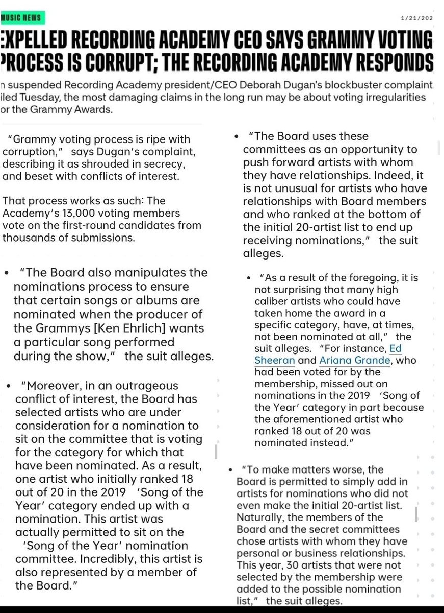 amlysbang's tweet photo. Mind you the Recording Academy has been accused with some serious allegations by the former CEO (replaced by Harvey Mason Jr.)

Deborah Dugan became the Recording Academy's first female President and CEO in August 2019. Just five months later, days before the 2020 Grammys, she was placed on administrative leave following alleged workplace misconduct complaints, and Harvey Mason Jr. was appointed interim CEO. 

Dugan filed an EEOC complaint alleging sexual harassment, gender discrimination, conflicts of interest, financial mismanagement, and irregularities in the Grammy nomination process.

At some point, the music industry needs to ask itself why artists continue to chase validation from institutions instead of the people who actually sustain careers. When questions about transparency and governance have been raised around an institution over the years, it's a reminder that industry accolades should never outweigh the trust and connection artists build with their audiences.