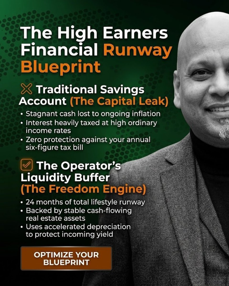 rkatta's tweet photo. If an unexpected AI corporate reorg hit your department tomorrow, would your family be safe?

The day I realized a high corporate salary was an illusion of safety was the day everything changed.

I was earning excellent money, but my capital was trapped.

I was losing massive amounts to federal and state taxes while lifestyle inflation quietly crept up.

Here’s the deal: the technology sector is undergoing a massive structural shift.

Artificial intelligence is driving rapid reorgs and flattening traditional management layers.

Executive roles are no longer the safe havens they once were.

Why?

Because income alone does not create wealth.

When a sudden restructuring occurs, the immediate loss of income exposes the extreme fragility of a high-consumption lifestyle.

Traditional financial advisors will tell you to keep 6 months of expenses in a high-yield savings account.

❌ Leaving $200K sitting in a stagnant account earning taxable interest is a massive drag on your wealth architecture.

❌ Relying on the hope of future stock appreciation will not provide the consistent cash yield needed to survive a long transition.

Now...

You need to transition away from an income-focused mindset and move toward strategic asset ownership.

You need to build a true operator's liquidity buffer designed to provide 24 months of absolute financial freedom.

✅ Stop the financial bleeding by implementing advanced tax optimization strategies on your active income.

✅ Turn your annual $100K-$1M+ tax drag into yielding capital by shifting into direct real estate investing.

✅ Utilize cost segregation and accelerated depreciation to legally shield your income while building a portfolio of $5M+.

This structured approach allows you to replace active salary dependency with passive cash yield, giving you the power to say no to bad terms.

The Legacy Wealth Accelerator™ serves as your done-for-you execution partner to build this defensive moat without requiring your active operational time.

Your financial security should never depend on a corporate board decision you cannot control.