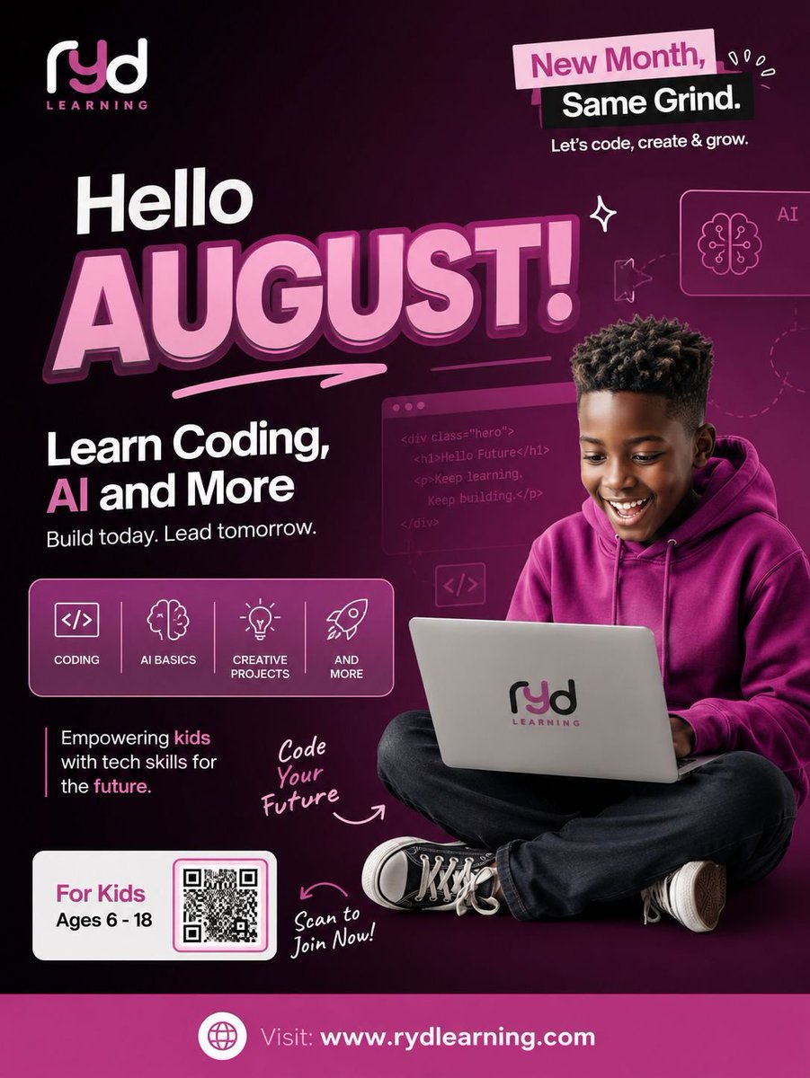 rydLearning's tweet photo. 🌟 Hello, August! 🌟

A new month brings new opportunities to learn, create, and grow. 

This Summer,  your kids can learn 

💻 Coding
🤖 AI Basics
💡 Creative Projects
🚀 And so much more!

Build today. Lead tomorrow.

Enroll today at https://t.co/KCT1Xo98ll https://t.co/OwF1cm5vOb