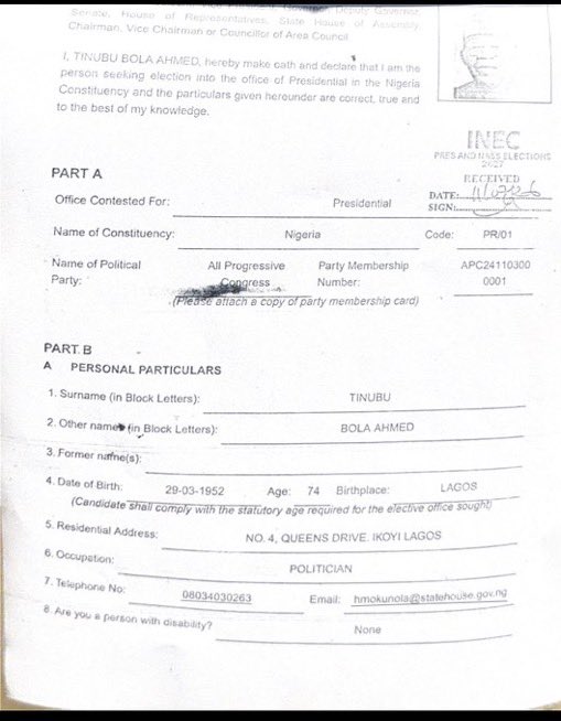 emmaikumeh's tweet photo. Credentials and personal particulars of President Tinubu and the APC presidential candidate for 2027 were published by INEC today: https://t.co/6jiRAMlUiw