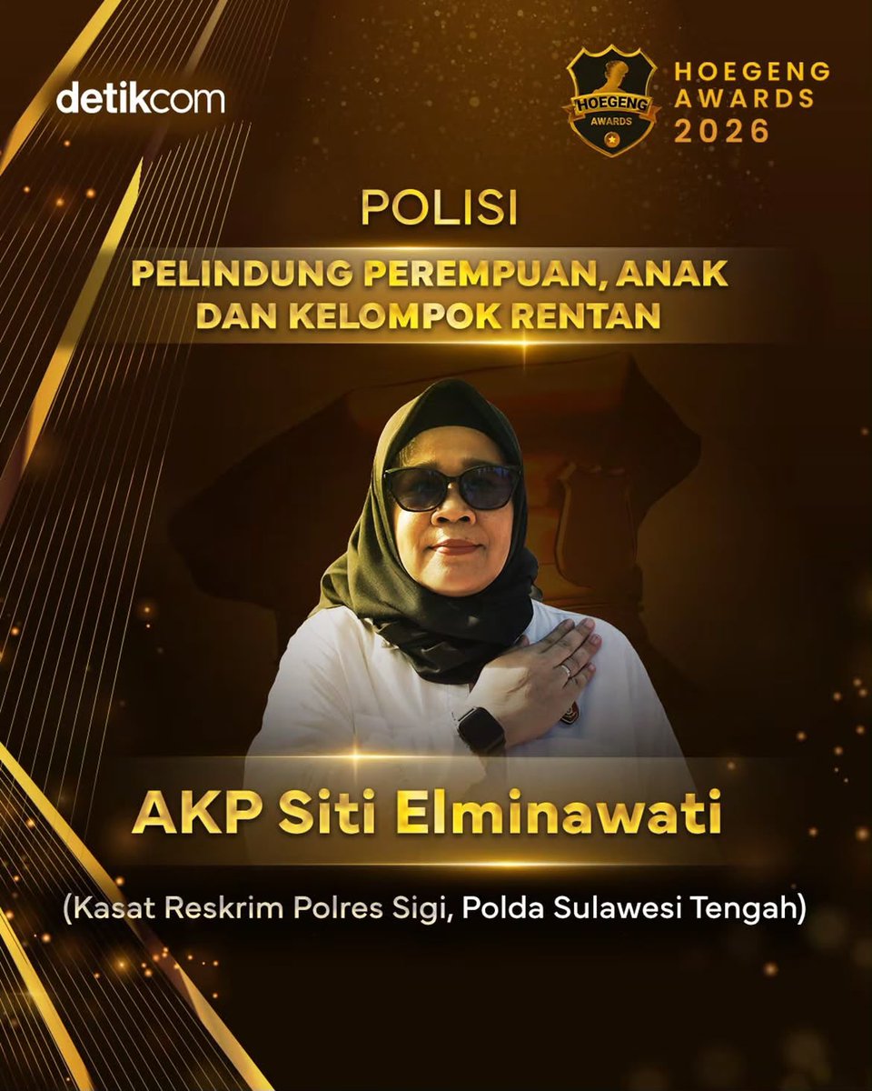 Res_Pwr's tweet photo. Kanit 1 Subdit 4 Dit Reskrimum Polda Sulawesi Tengah, AKP Siti Elminawati, meraih Hoegeng Awards 2026 kategori Polisi Pelindung Perempuan dan Anak (PPA). Sejumlah kasus-kasus besar telah diungkap AKP Siti selama menjadi penyidik di bidang PPA. 
#HoegengAwards2026

@detikcom https://t.co/8rfFGzPjF5