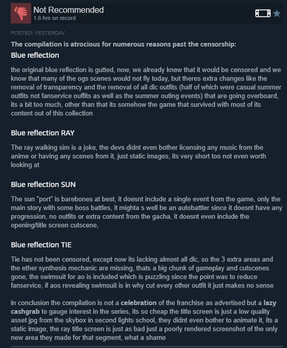 AftermathZGame's tweet photo. Censorship strikes again with the release of BLUE REFLECTION Quartet!

Fans of the original are showing their frustration with reviews as it's even censored on Steam. It's sad to see games like this that led the charge with non censored games resort to this. https://t.co/rxuieF0sE3