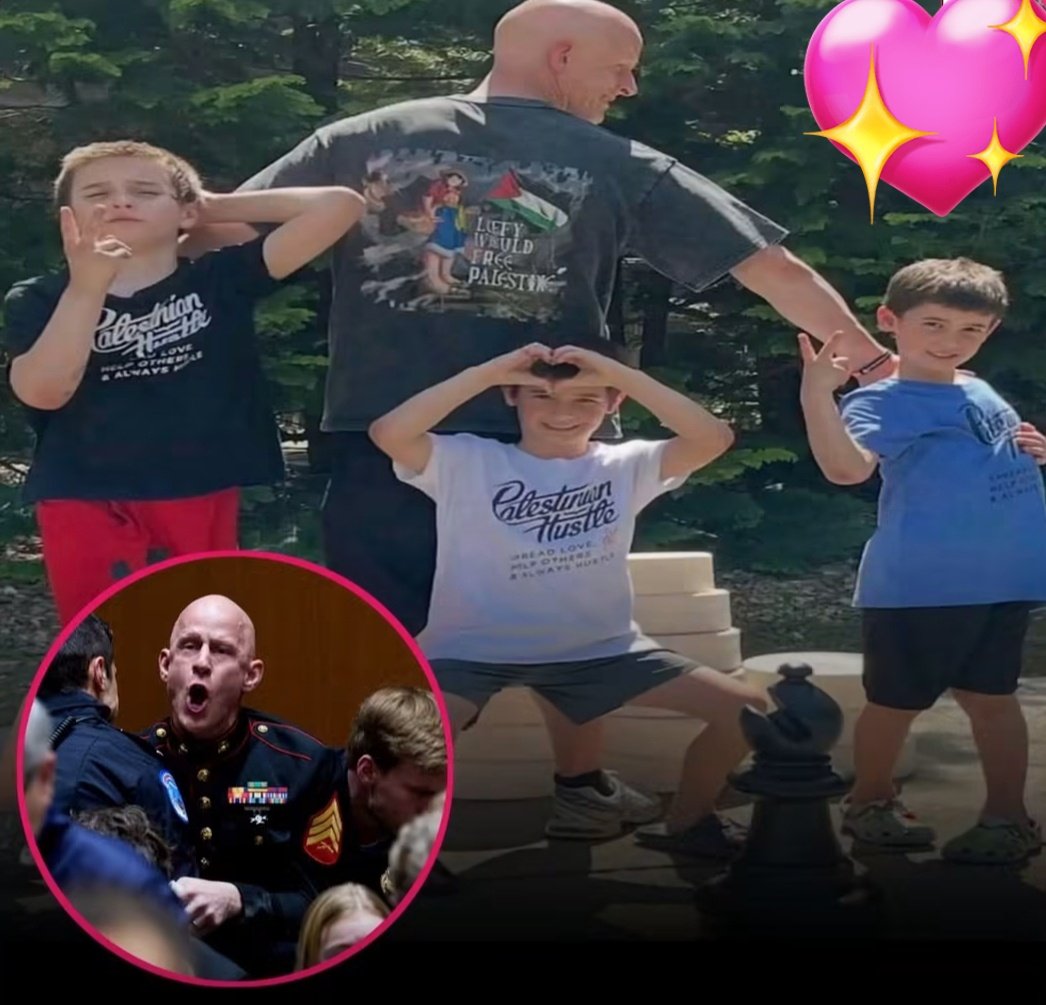 Abdullah_Om3r03's tweet photo. The American Muslim soldier who reportedly shouted inside Congress, "No one wants to fight for Israel!"

This is a photo of him with his four children, wearing a shirt that reads "Free Palestine." His children appear to be following the values he has chosen to express a reflection of the principles he hopes to pass on to them.

Sadly, many people seem to have forgotten them all too quickly.