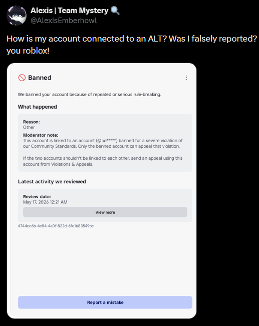 tiffikan's tweet photo. ⚠️WARNING ⚠️Roblox community
A huge FALSE BAN WAVE occurred from JULY 30TH TO AUGUST 1ST, which has allegedly affected thousands of players (Enforcement bans)

🙏❗️Please help reach @roblox by reposting and spreading your bans and this post❗️🙏

There has been a glitch in the AI ​​moderation system called Enforcement Bans, which has resulted in thousands of bans this week
This issue requires urgent fixing, as literally every day, thousands of innocent developers who have spent years and untold fortunes on this platform are banned, only to subsequently receive an unfair ban that they can't even appeal. The situation is simply horrific; many are now simply losing their accounts for no apparent reason due to the AI ​​glitch.

The problem itself began much earlier, even before this ban wave, in October 2025, and continues to this day. This is most likely caused by the system incorrectly recognizing the public IP address provided by public Wi-Fi! Because of this, people are being incorrectly banned. This has affected many people who used public Wi-Fi in a public place and then received an erroneous permanent ban for linking to an unknown account. Also, due to a glitch, not everyone sees a violation in the Violations & Appeals window, although it should appear for everyone banned for an alt account. Since then, after contacting support, the moderators ask everyone to use it. This window

My account @tiffikan was also affected by the first wave of EF bans on March 3rd and is still unfairly banned, which I can't even appeal due to a website error!
@Roblox, please restore access to my @tiffikan account, which was mistakenly banned due to a moderation glitch, and completely fix the issue, as if it's not fixed, anyone could get the same mistaken ban again.

@Roblox, please fix this issue and conduct a wave of unbans. The problem is widespread. Many people have already been banned for more than 1-9 months, and due to the glitch, half of them can't appeal the decision. They also need to be unbanned! #Roblox #RobloxDev @Roblox_RTC @KreekCraft