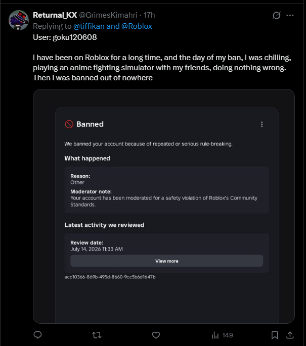 tiffikan's tweet photo. ⚠️WARNING ⚠️Roblox community
A huge FALSE BAN WAVE occurred from JULY 30TH TO AUGUST 1ST, which has allegedly affected thousands of players (Enforcement bans)

🙏❗️Please help reach @roblox by reposting and spreading your bans and this post❗️🙏

There has been a glitch in the AI ​​moderation system called Enforcement Bans, which has resulted in thousands of bans this week
This issue requires urgent fixing, as literally every day, thousands of innocent developers who have spent years and untold fortunes on this platform are banned, only to subsequently receive an unfair ban that they can't even appeal. The situation is simply horrific; many are now simply losing their accounts for no apparent reason due to the AI ​​glitch.

The problem itself began much earlier, even before this ban wave, in October 2025, and continues to this day. This is most likely caused by the system incorrectly recognizing the public IP address provided by public Wi-Fi! Because of this, people are being incorrectly banned. This has affected many people who used public Wi-Fi in a public place and then received an erroneous permanent ban for linking to an unknown account. Also, due to a glitch, not everyone sees a violation in the Violations & Appeals window, although it should appear for everyone banned for an alt account. Since then, after contacting support, the moderators ask everyone to use it. This window

My account @tiffikan was also affected by the first wave of EF bans on March 3rd and is still unfairly banned, which I can't even appeal due to a website error!
@Roblox, please restore access to my @tiffikan account, which was mistakenly banned due to a moderation glitch, and completely fix the issue, as if it's not fixed, anyone could get the same mistaken ban again.

@Roblox, please fix this issue and conduct a wave of unbans. The problem is widespread. Many people have already been banned for more than 1-9 months, and due to the glitch, half of them can't appeal the decision. They also need to be unbanned! #Roblox #RobloxDev @Roblox_RTC @KreekCraft