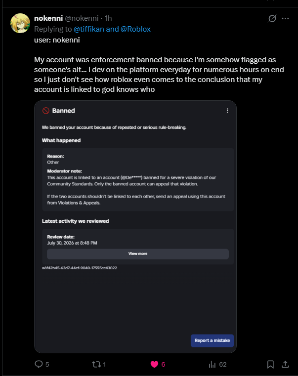 tiffikan's tweet photo. ⚠️WARNING ⚠️Roblox community
A huge FALSE BAN WAVE occurred from JULY 30TH TO AUGUST 1ST, which has allegedly affected thousands of players (Enforcement bans)

🙏❗️Please help reach @roblox by reposting and spreading your bans and this post❗️🙏

There has been a glitch in the AI ​​moderation system called Enforcement Bans, which has resulted in thousands of bans this week
This issue requires urgent fixing, as literally every day, thousands of innocent developers who have spent years and untold fortunes on this platform are banned, only to subsequently receive an unfair ban that they can't even appeal. The situation is simply horrific; many are now simply losing their accounts for no apparent reason due to the AI ​​glitch.

The problem itself began much earlier, even before this ban wave, in October 2025, and continues to this day. This is most likely caused by the system incorrectly recognizing the public IP address provided by public Wi-Fi! Because of this, people are being incorrectly banned. This has affected many people who used public Wi-Fi in a public place and then received an erroneous permanent ban for linking to an unknown account. Also, due to a glitch, not everyone sees a violation in the Violations & Appeals window, although it should appear for everyone banned for an alt account. Since then, after contacting support, the moderators ask everyone to use it. This window

My account @tiffikan was also affected by the first wave of EF bans on March 3rd and is still unfairly banned, which I can't even appeal due to a website error!
@Roblox, please restore access to my @tiffikan account, which was mistakenly banned due to a moderation glitch, and completely fix the issue, as if it's not fixed, anyone could get the same mistaken ban again.

@Roblox, please fix this issue and conduct a wave of unbans. The problem is widespread. Many people have already been banned for more than 1-9 months, and due to the glitch, half of them can't appeal the decision. They also need to be unbanned! #Roblox #RobloxDev @Roblox_RTC @KreekCraft