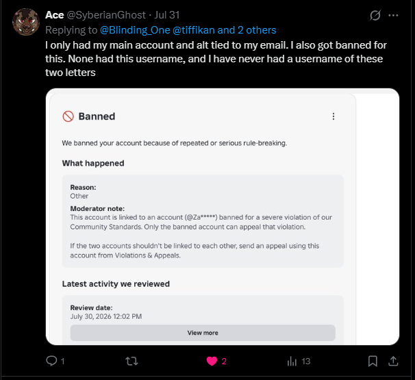 tiffikan's tweet photo. ⚠️WARNING ⚠️Roblox community
A huge FALSE BAN WAVE occurred from JULY 30TH TO AUGUST 1ST, which has allegedly affected thousands of players (Enforcement bans)

🙏❗️Please help reach @roblox by reposting and spreading your bans and this post❗️🙏

There has been a glitch in the AI ​​moderation system called Enforcement Bans, which has resulted in thousands of bans this week
This issue requires urgent fixing, as literally every day, thousands of innocent developers who have spent years and untold fortunes on this platform are banned, only to subsequently receive an unfair ban that they can't even appeal. The situation is simply horrific; many are now simply losing their accounts for no apparent reason due to the AI ​​glitch.

The problem itself began much earlier, even before this ban wave, in October 2025, and continues to this day. This is most likely caused by the system incorrectly recognizing the public IP address provided by public Wi-Fi! Because of this, people are being incorrectly banned. This has affected many people who used public Wi-Fi in a public place and then received an erroneous permanent ban for linking to an unknown account. Also, due to a glitch, not everyone sees a violation in the Violations & Appeals window, although it should appear for everyone banned for an alt account. Since then, after contacting support, the moderators ask everyone to use it. This window

My account @tiffikan was also affected by the first wave of EF bans on March 3rd and is still unfairly banned, which I can't even appeal due to a website error!
@Roblox, please restore access to my @tiffikan account, which was mistakenly banned due to a moderation glitch, and completely fix the issue, as if it's not fixed, anyone could get the same mistaken ban again.

@Roblox, please fix this issue and conduct a wave of unbans. The problem is widespread. Many people have already been banned for more than 1-9 months, and due to the glitch, half of them can't appeal the decision. They also need to be unbanned! #Roblox #RobloxDev @Roblox_RTC @KreekCraft