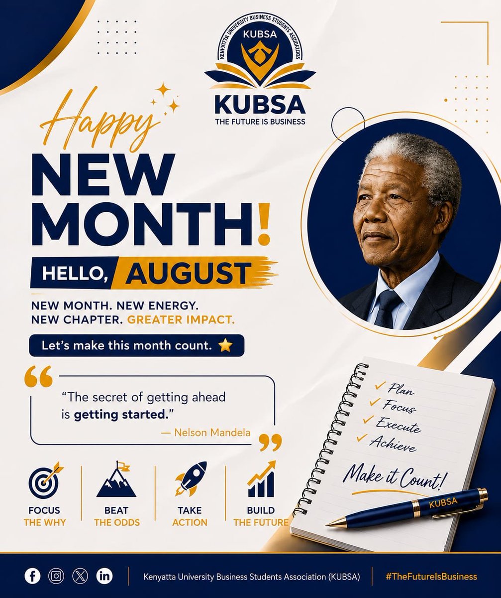 KUBSA_Official's tweet photo. Hello August! 💙💛

As KUBSA, we believe every new month is a chance to grow, lead &amp; make a difference. 
“The secret of getting ahead is getting started.” - Mandela
Let’s set goals, do the work &amp; create impact.
Here’s to making this month count. #TheFutureIsBusiness #KUBSA https://t.co/aVO1oE4SGt