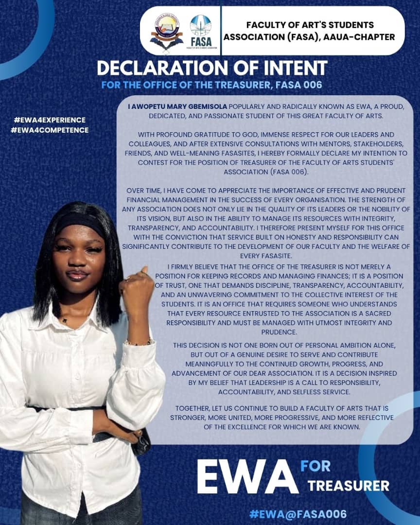 Gbolaro2's tweet photo. DECLARATION OF INTENT
FOR THE POSITION OF TREASURER (FASA 006)

Long Live FASA!
Long Live Adekunle Ajasin University!
Long Live the Federal Republic of Nigeria!

SUPPORT
ENDORSE
CANVAS

EWA @ FASA 006

#NigeriaNews 
#Students
#AAUA
#FACULTYOFARTS https://t.co/BZXc2UsIMh
