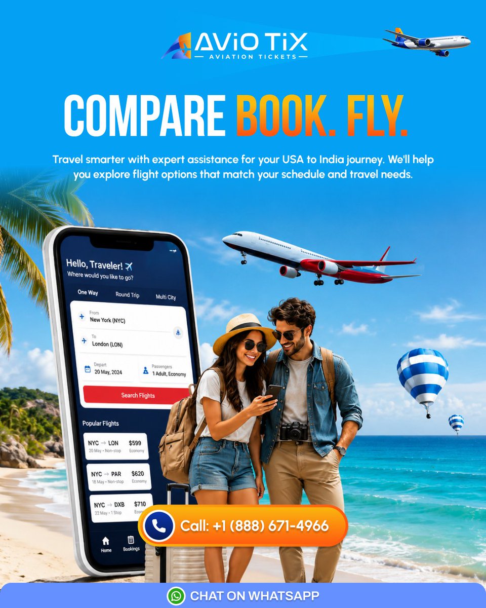 aviotix's tweet photo. ✈️ COMPARE. BOOK. FLY.

Your USA to India journey starts with smarter choices. Compare flight options, get expert assistance, and book with confidence—all with Aviotix.

📞 +1 (888) 671-4966
💬 WhatsApp us for a FREE flight quote.

#USAToIndia #Aviotix #FlightBooking https://t.co/yR0sK4k0H7