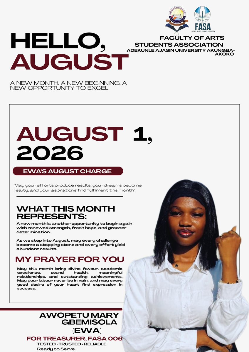 Gbolaro2's tweet photo. My dear FASAITES,  

I welcome you all to the month of AUGUST 2026. A brand new month that comes with fresh hopes, fresh chances, and fresh grace.

#HappyNewMonth 
#August
#NigeriaNews
#StudentSuccess
#AAUA
#FASAITES https://t.co/VNxqmbLpsM