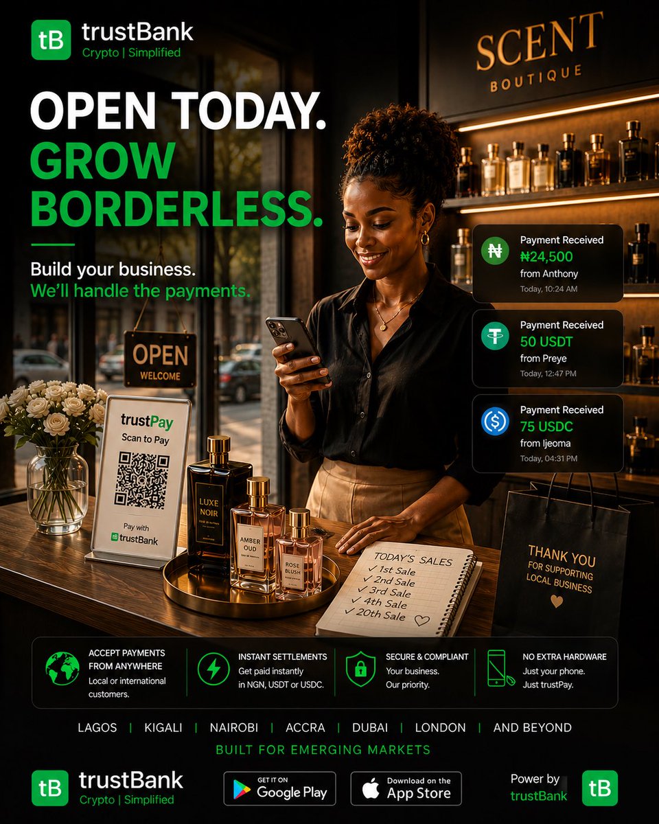 __theCEO's tweet photo. Every entrepreneur remembers the first customer.

We’re building trustBank so getting paid never slows the dream. @trustbanktech 

Open today.
Grow borderless. 🌍 
We’ll handle the payments. 💚

#Startup #Fintech #Africa #Payments #trustBank https://t.co/ZcEYX74O4S