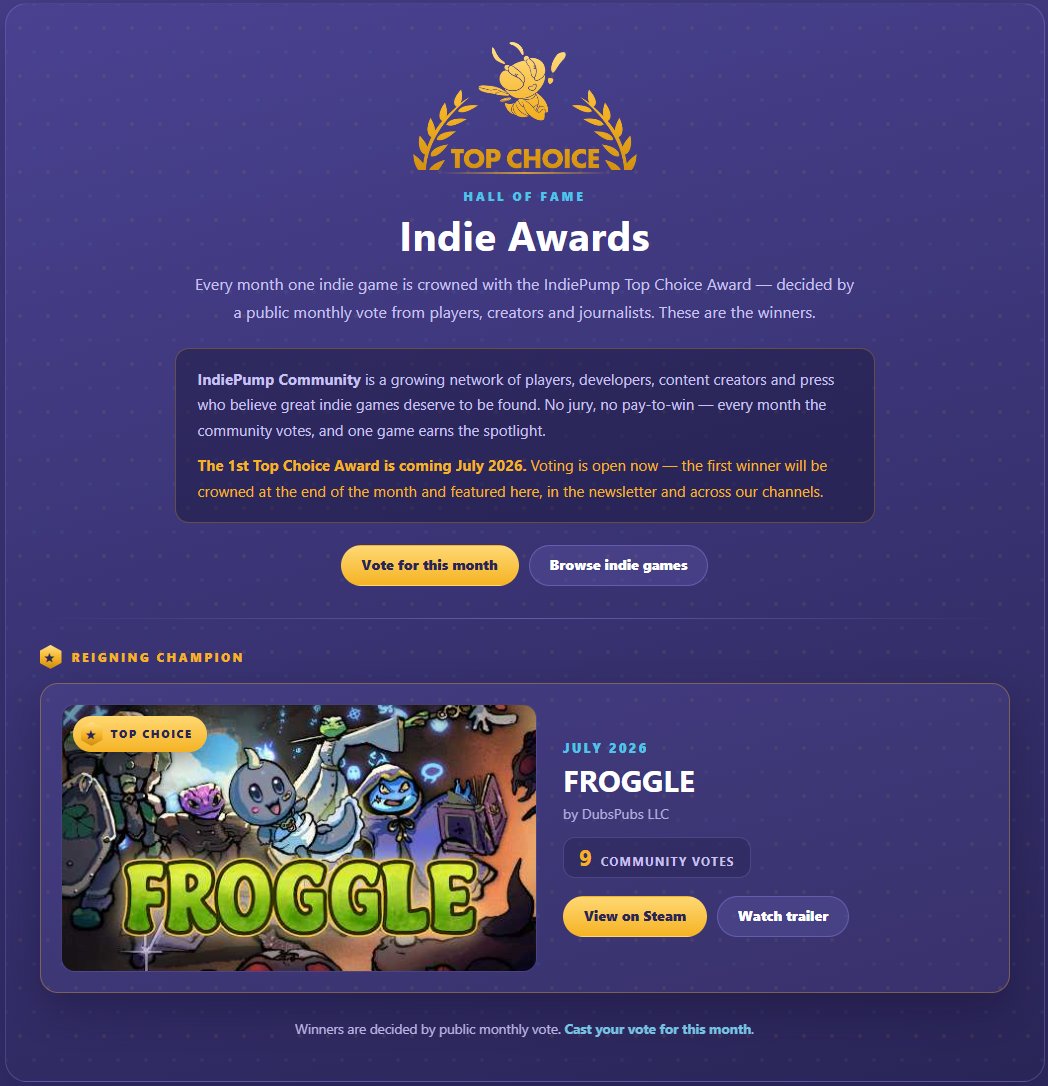 IndiePumpCom's tweet photo. The votes are in, and the community has spoken! 

🚀 Big congratulations to the winner of the IndiePump July 2026 Top Choice Award @FROGGLEDUBS 

Check out the absolute masterpiece featured in the image attached- absolute peak indie energy. 🤌
👇 Get involved below:
#IndieDevs -> Submit your game for August Award 
#Creators -> Grab keys & review 
#Gamers -> Vote & Support hidden gems 

https://t.co/gBftKVRoqN

#IndieGames #IndieDev #GamingCommunity #TopChoice #GameDev #IndiePump