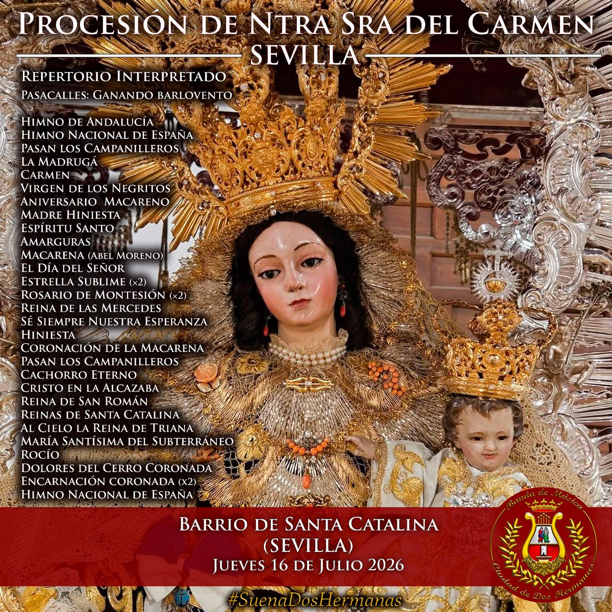 bmciudaddoshnas's tweet photo. REPERTORIO CARMEN SANTA CATALINA.
Os dejamos el repertorio interpretado el pasado 16 de julio en la Procesión de Nuestra Señora del Carmen del Barrio de Santa Catalina, Sevilla.
@Hcarmenyrosario
#SuenaDosHermanas https://t.co/ImXZwLCSIe