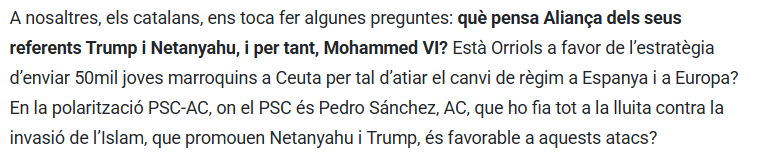 ShulmanCarlos's tweet photo. Sé que no ets antisemita, però el que dius és més creïble en aquest context.

Hauries de saber que hi ha una grandíssima diferència entre l'informe escrit fa tres mesos per un comitè de la Cambra de Representants i un reconeixement formal; de moment és només una picada d'ullet cap al Marroc i un toc d'atenció a Espanya, però no hi ha ni una sola prova que Israel i els EUA hagin orquestrat aquest atac; seria una escalada brutal.

La meva opinió és que has escrit tot un article per poder redirigir aquesta crisi contra AC i escriure aquest paràgraf, i és clar que has hagut de forçar algunes peces perquè encaixi.

I no soc fan d'AC, sé diferenciar el prosionisme de la islamofòbia.
