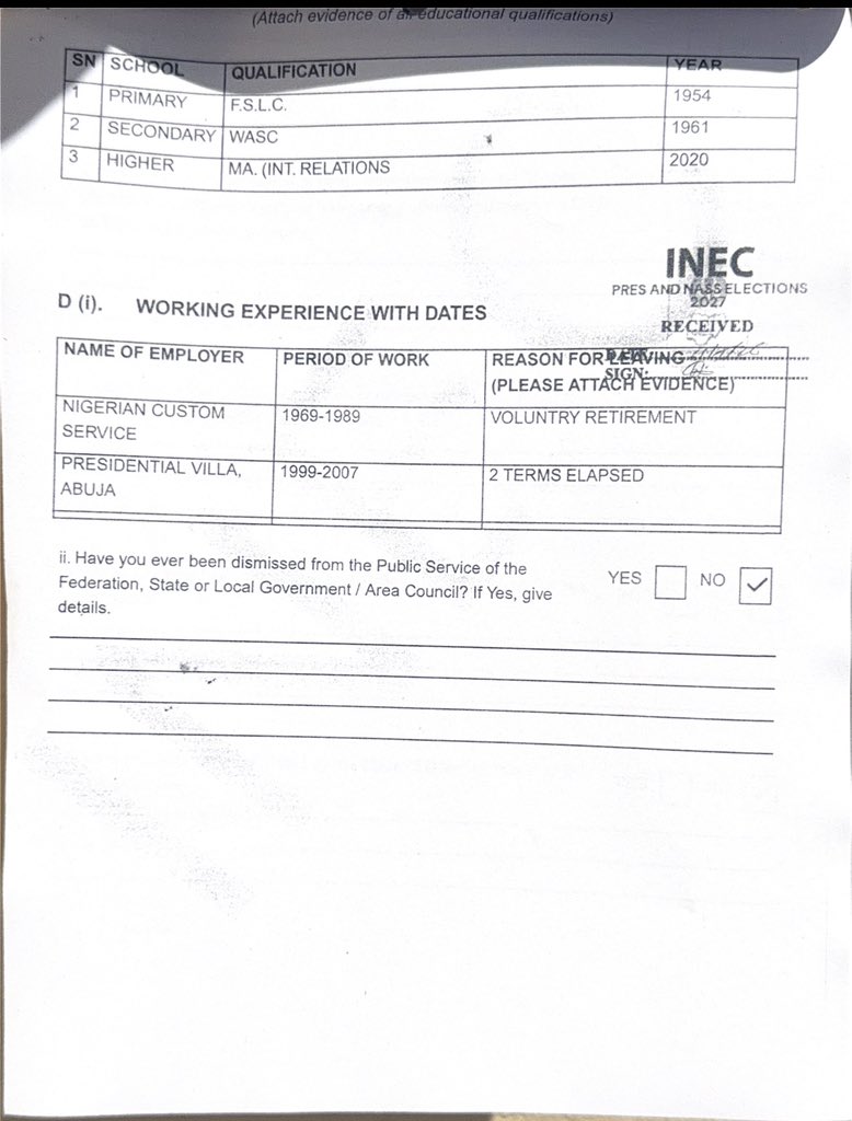 Imranmuhdz's tweet photo. INEC today published the credentials and personal details of Atiku Abubakar, the ADC presidential candidate for 2027, along with those of the ADC vice-presidential candidate, Rotimi Amaechi: https://t.co/FXWEdEQsaH