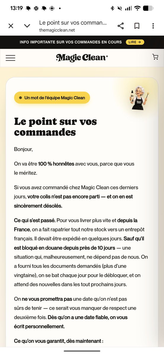 facortique's tweet photo. #MagicClean a changé de .fr à .net pour essayer de brouiller les pistes des signalements, et poste le message d'explications le plus bancal jamais vu. Comme envoyer un mail dès le blocage en douane était trop compliqué... #PoupetteKenza a encore menti mais ça étonne qui ? https://t.co/dhWSQA755T