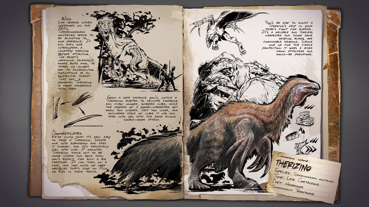 ARKAscendedNews's tweet photo. The Therizinosaurus TLC dossier has been revealed for ‘ARK: SURVIVAL ASCENDED’

• Can now jump over obstacles that stop an Allo or Rex
• Better combat controls and response
• Better movement and traversal
• Wild Therizinos warn you before they attack
• No two Therizinos look the same
• Claws change based on what it harvests
• Taming stays the same