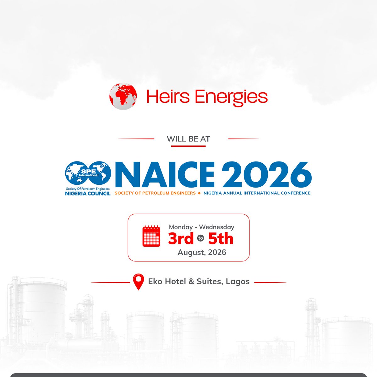 HeirsEnergies's tweet photo. The countdown is on! ⏳⌛️

Heirs Energies is excited to be part of @NigeriaSPE NAICE 2026 once again, where we'll be showcasing our people, innovations, and impact across Nigeria's energy sector. https://t.co/jacWdKrohP