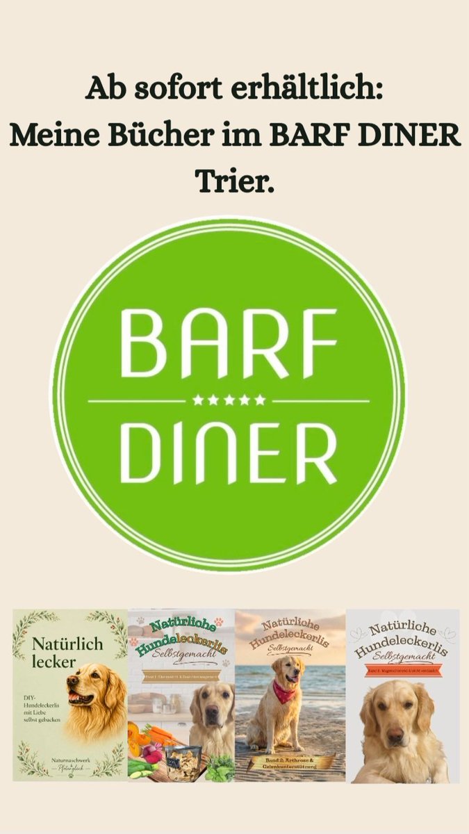 Pfotenmomente's tweet photo. 📚 Was aus einer Idee alles werden kann. Vom Schreibtisch ins Fachgeschäft.
Ab sofort sind meine Bücher für selbstgemachte Hundeleckerlis im BARF DINER Trier erhältlich. 🐶📚
Danke an das BARF DINER für das Vertrauen. ❤️
#Hundeleckerlis #Trier #BARF #twitterrudel #Hunde https://t.co/885KhUuehA