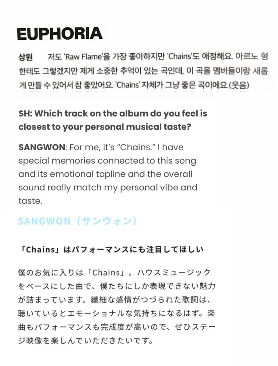 19wons's tweet photo. sangwon favorite ald1 song still chains from all his interview ♡

dazed korea:
🥀 i like 'raw flame' the best too, but i also love 'chains'. it's a song that holds precious memories for me as it probably does for arno hyung too, and it was really great being able to recreate this song with the members. 'chains' is just a good song itself. (laughs)

sweety high:
💬 among the tracks on this album, which song is closest to your personal musical taste?
🥀 for me, it's "chains". this song holds my own special memories, and the emotional topline (melody line) and overall sound fit my personal vibe and taste really well.

nonno japan:
💬 what is your particular favorite song among alpha drive one's tracks? when would you like college-aged non-no readers to listen to it?
🥀 i want you to pay attention to the performance of "chains," too.
my favorite is "chains" it is a track based on house music, packed with a charm that only we can express. the lyrics, which spell out delicate emotions, should make you feel emotional when you listen to them. both the song and the performance have a high level of perfection, so i definitely want you to enjoy the stage video.