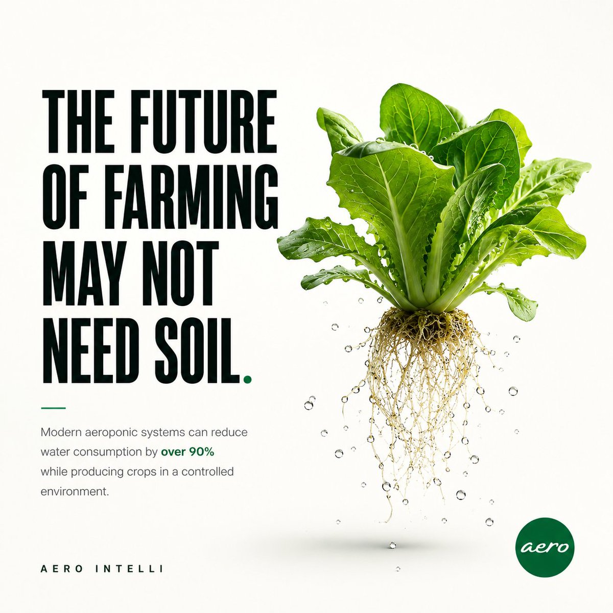 aerointelli's tweet photo. The future of farming may not need soil.

For over 10,000 years, we've grown food in soil.

What if the next 100 years look completely different?

🌱 Imagine growing fresh crops using over 90% less water, in a controlled environment, with healthier roots and year-round production.

This isn't science fiction.
It's the direction modern agriculture is heading.

At Aero Intelli, we're building technologies for a future where food production is smarter, more efficient, and more sustainable.
If you had to choose, would you trust food grown in soil or food grown with advanced technology?

👇 Tell us why.

#aerointelli #agritech #tech #agriculture #aeroponics #futureoffarming #innovation #future #ready #farm #farming